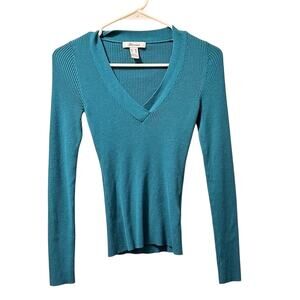 ReVamped rib knit V top aqua green long sleeve